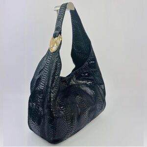 Michael Kors Shiny Black Reptile Hobo Bag with Gold Detail